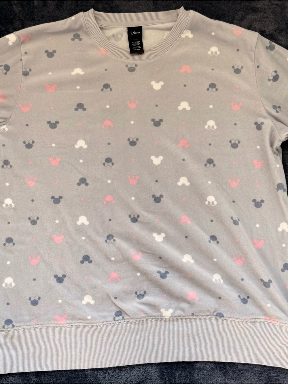 Women’s Disney Light Gray Fleece Pajama Set with Navy, White & Pink Mouse Motifs - Picture 2 of 12